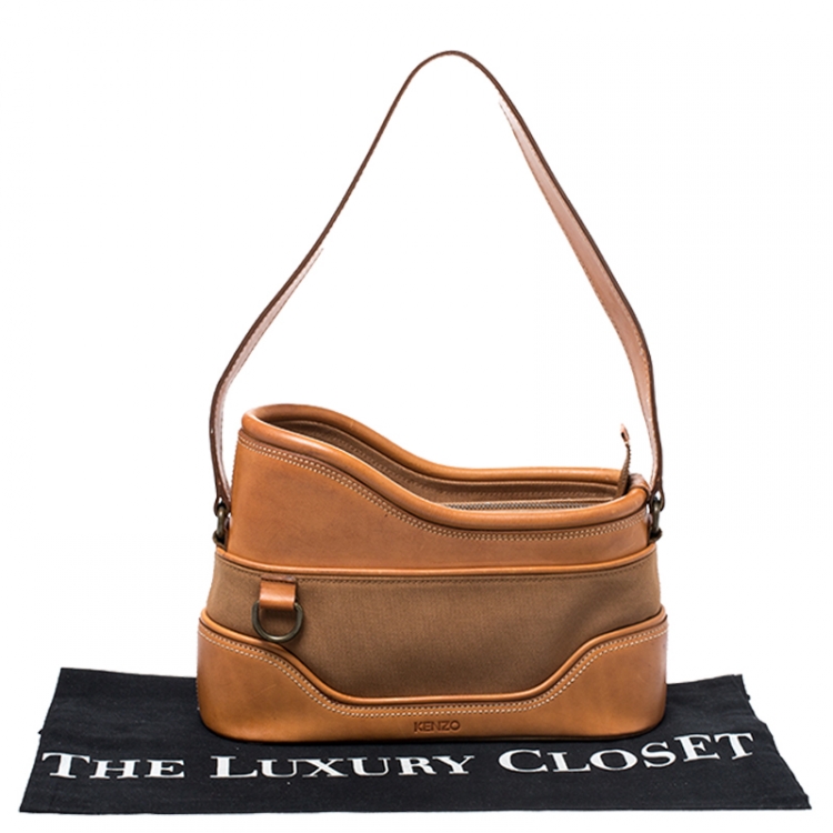 Pre Owned Kenzo Tan Leather and Canvas Bucket Bag 
