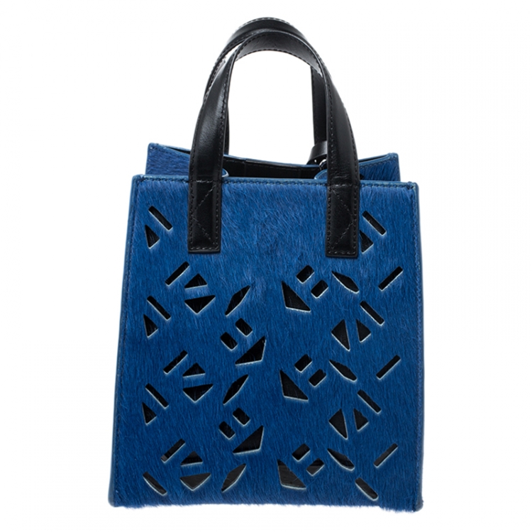 Pre Owned Kenzo Blue/Black Cut Out Calfhair and Leather Small Tote