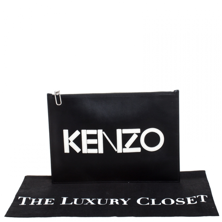 Pre Owned Kenzo Black Leather Logo Zip Clutch