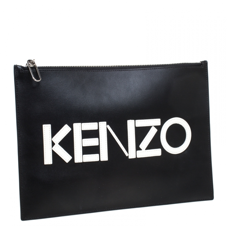 Pre Owned Kenzo Black Leather Logo Zip Clutch