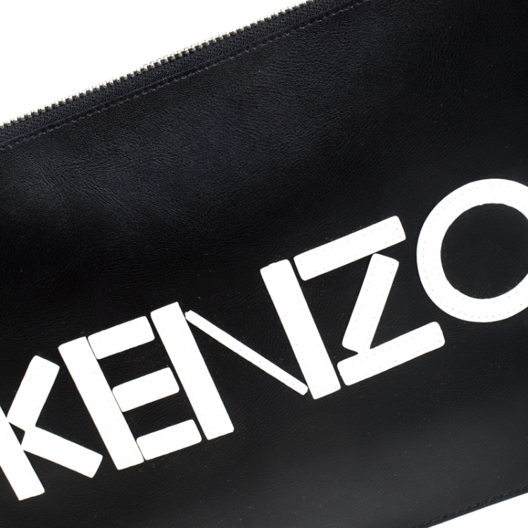 Pre Owned Kenzo Black Leather Logo Zip Clutch