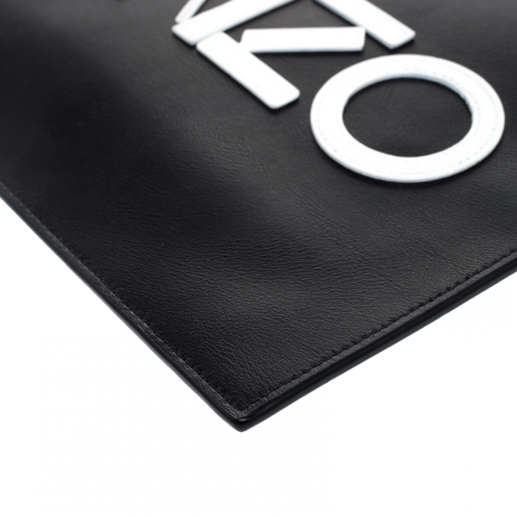 Pre Owned Kenzo Black Leather Logo Zip Clutch