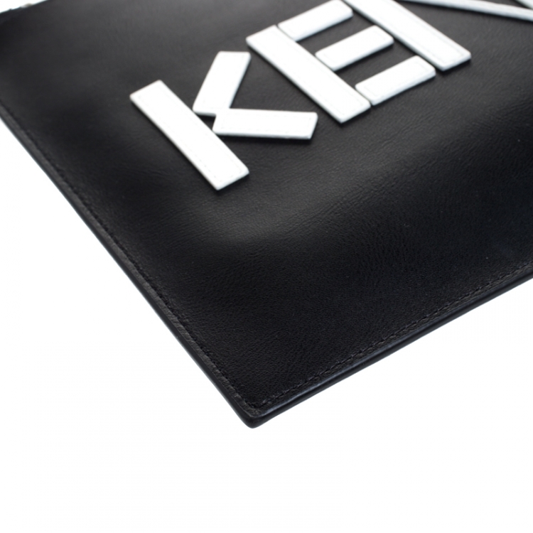 Pre Owned Kenzo Black Leather Logo Zip Clutch