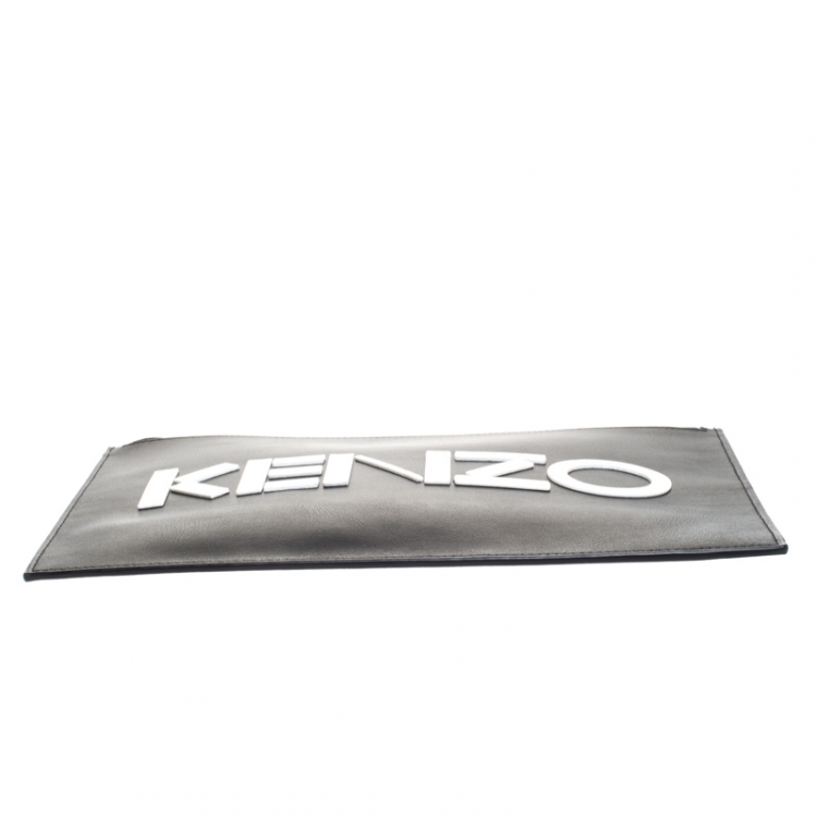 Pre Owned Kenzo Black Leather Logo Zip Clutch