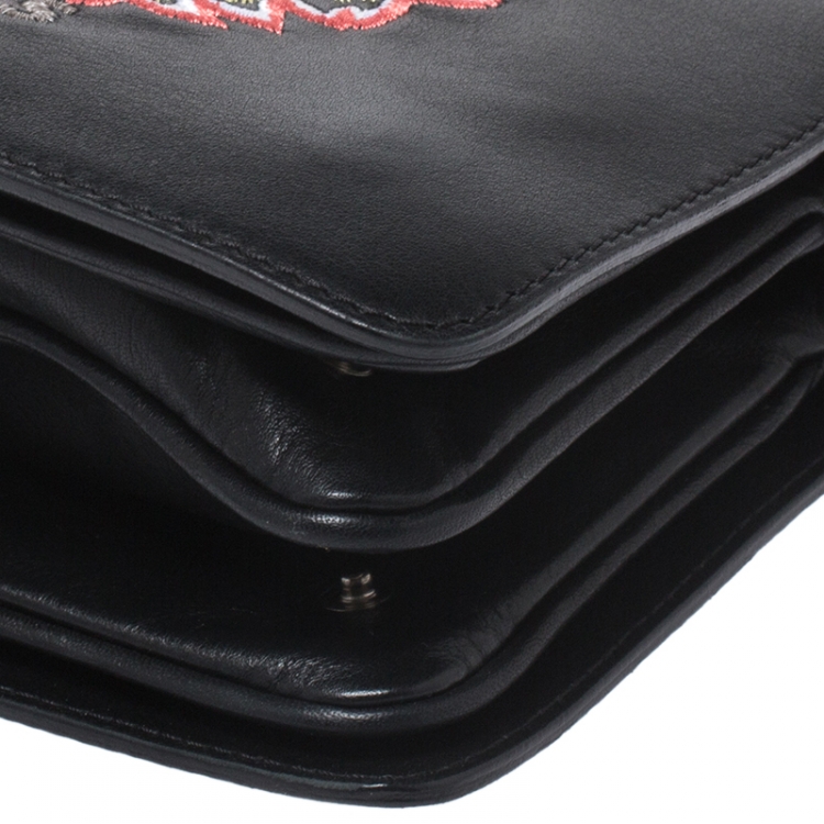 Pre Owned Kenzo Black Leather Embroidered Tiger Shoulder Bag