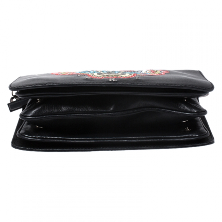 Pre Owned Kenzo Black Leather Embroidered Tiger Shoulder Bag