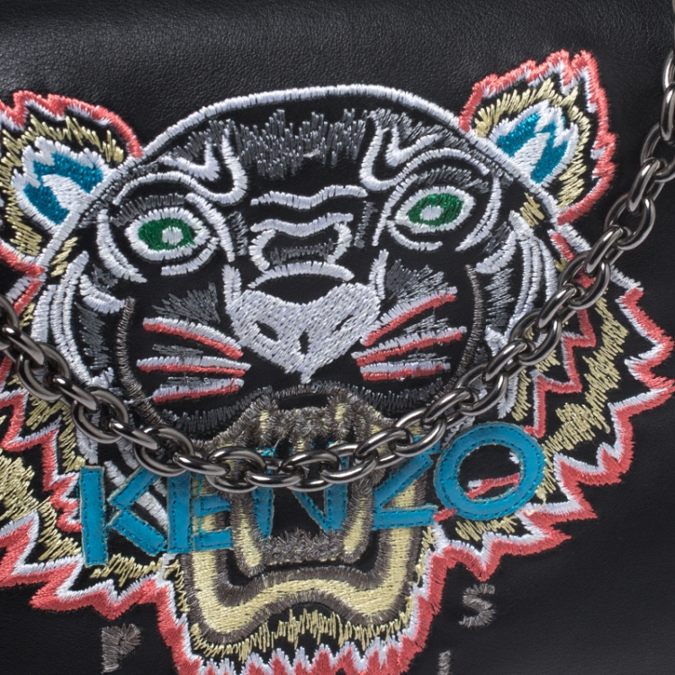 Pre Owned Kenzo Black Leather Embroidered Tiger Shoulder Bag