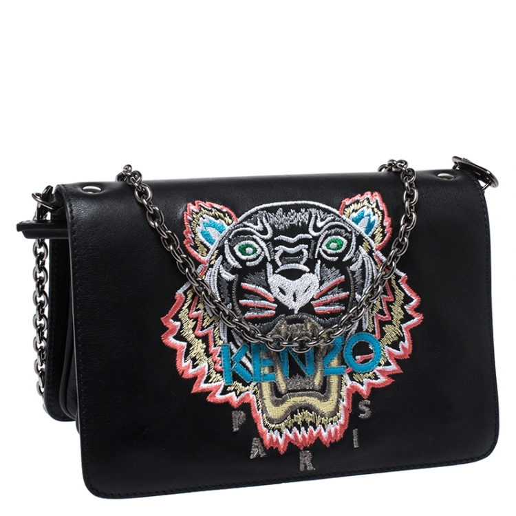 Pre Owned Kenzo Black Leather Embroidered Tiger Shoulder Bag