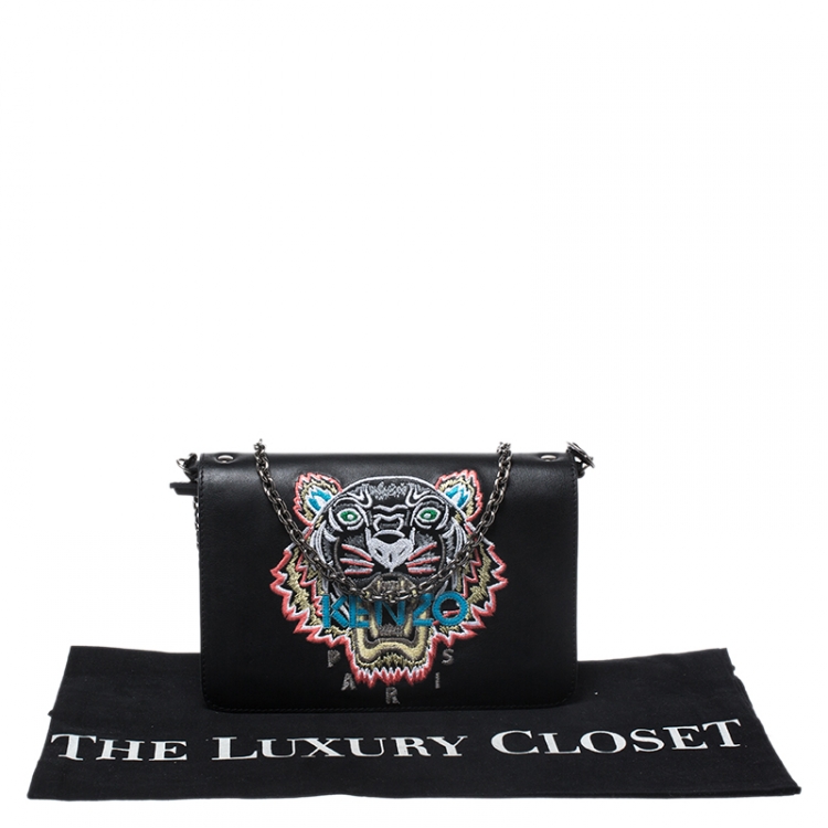 Pre Owned Kenzo Black Leather Embroidered Tiger Shoulder Bag