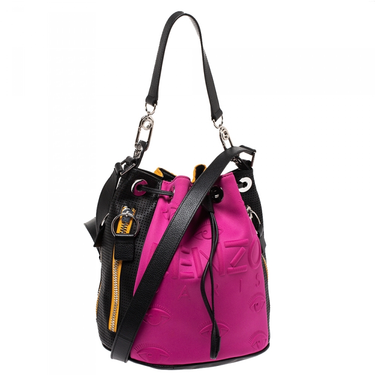 Pre Owned Kenzo Tricolor Fabric and Perforated Leather Kombo Bucket Bag