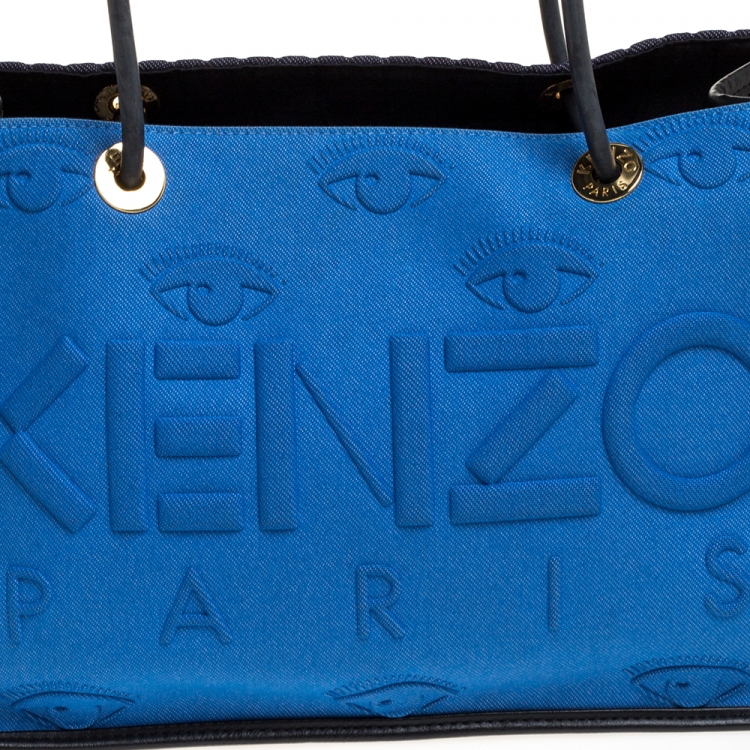 Pre Owned Kenzo Blue/Black Perforated Fabric and Leather Shopper Tote