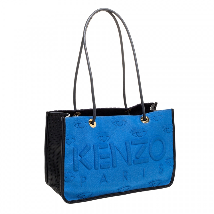 Pre Owned Kenzo Blue/Black Perforated Fabric and Leather Shopper Tote