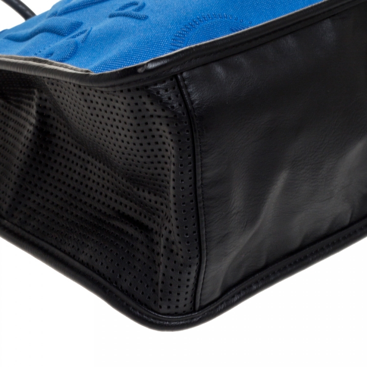 Pre Owned Kenzo Blue/Black Perforated Fabric and Leather Shopper Tote