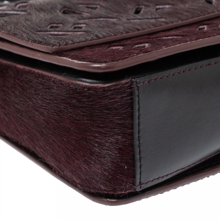 Pre Owned Kenzo Burgundy/Black Calfhair and Leather Lazer Cut Crossbody Bag
