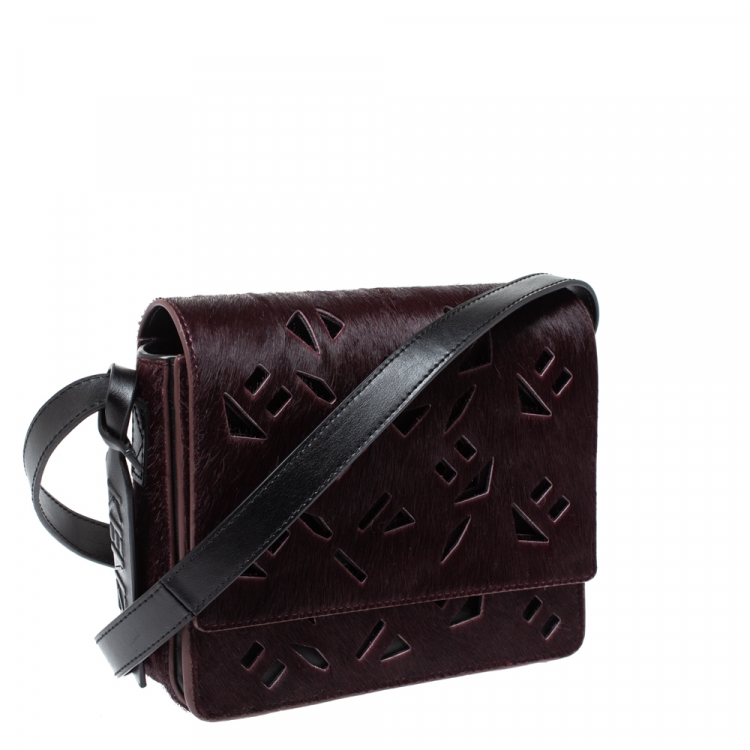 Pre Owned Kenzo Burgundy/Black Calfhair and Leather Lazer Cut Crossbody Bag