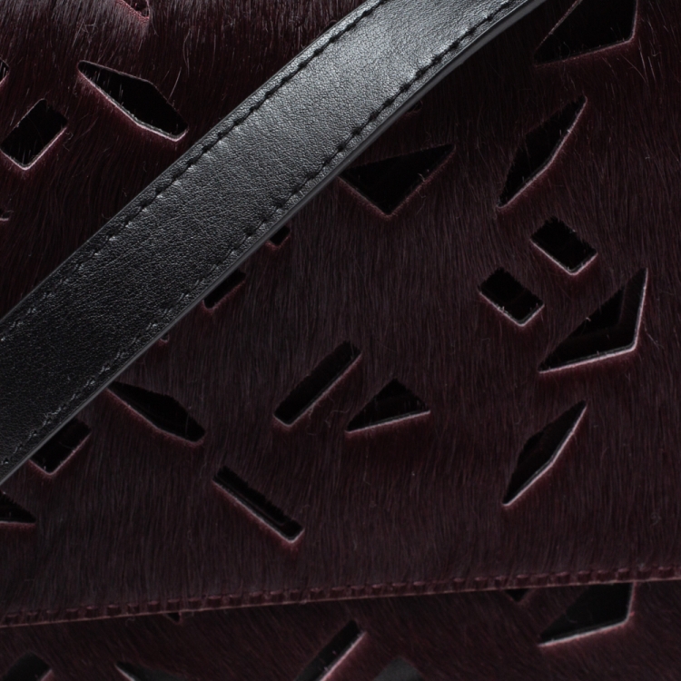 Pre Owned Kenzo Burgundy/Black Calfhair and Leather Lazer Cut Crossbody Bag