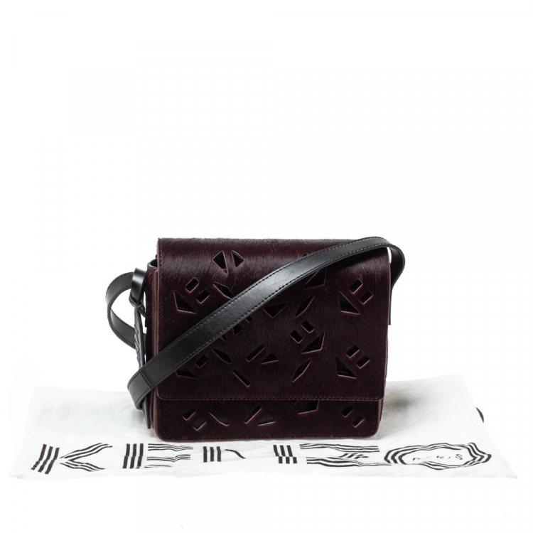 Pre Owned Kenzo Burgundy/Black Calfhair and Leather Lazer Cut Crossbody Bag