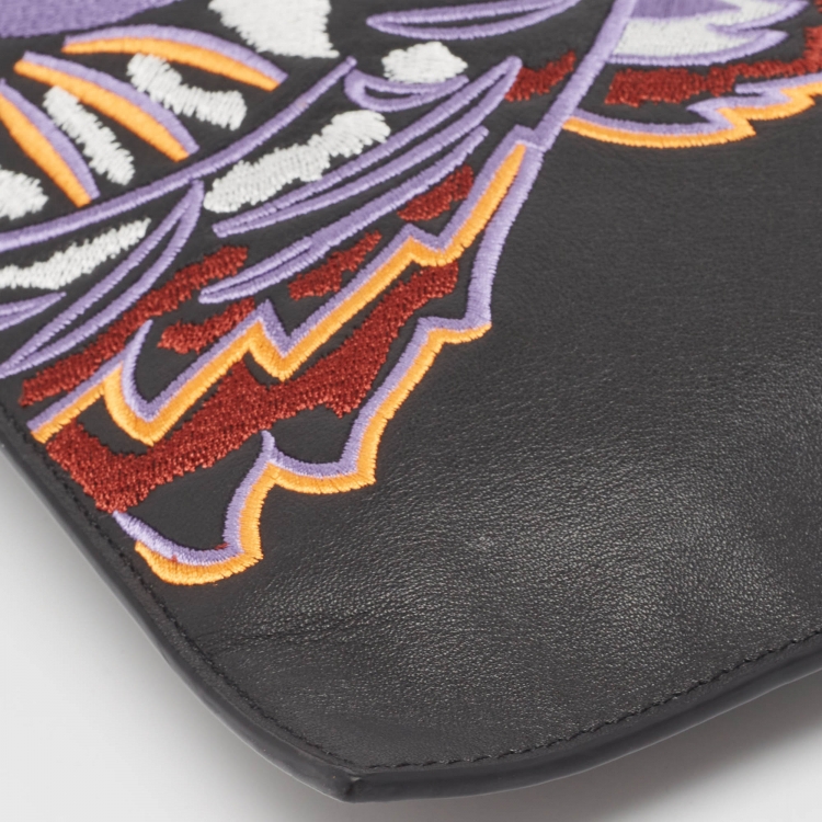Pre Owned Kenzo Black Tiger Embroidered Leather Zip Flat Pouch