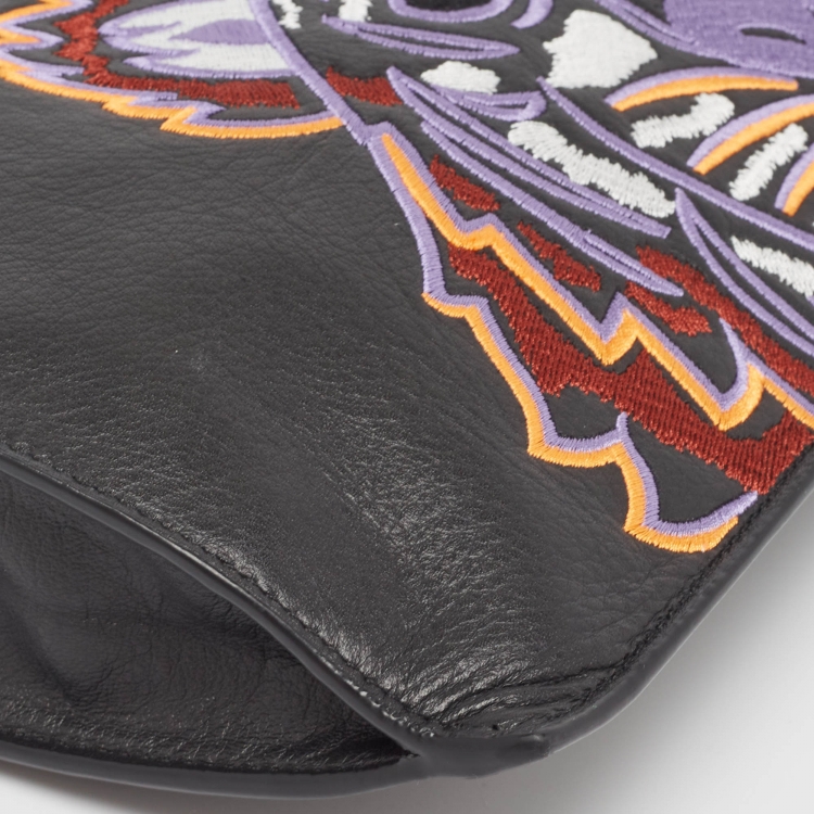 Pre Owned Kenzo Black Tiger Embroidered Leather Zip Flat Pouch