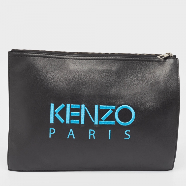 Pre Owned Kenzo Black Tiger Embroidered Leather Zip Flat Pouch