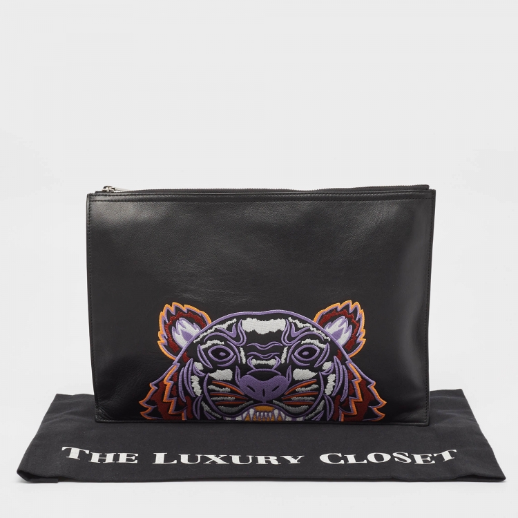 Pre Owned Kenzo Black Tiger Embroidered Leather Zip Flat Pouch