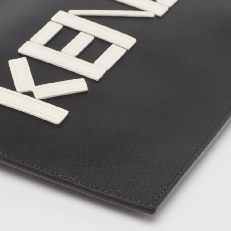 Pre Owned Kenzo Black Leather Logo Zipped Pouch