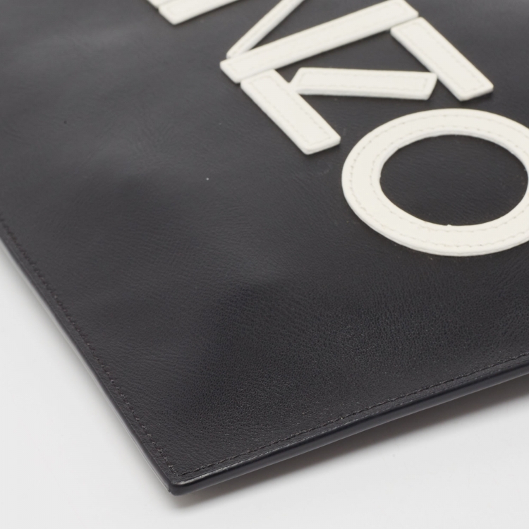 Pre Owned Kenzo Black Leather Logo Zipped Pouch