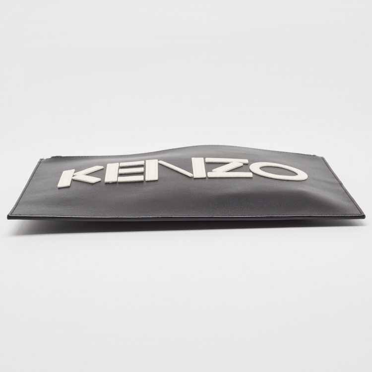 Pre Owned Kenzo Black Leather Logo Zipped Pouch
