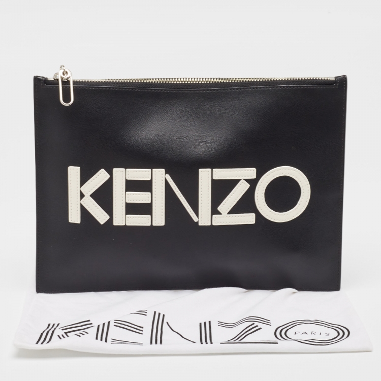 Pre Owned Kenzo Black Leather Logo Zipped Pouch