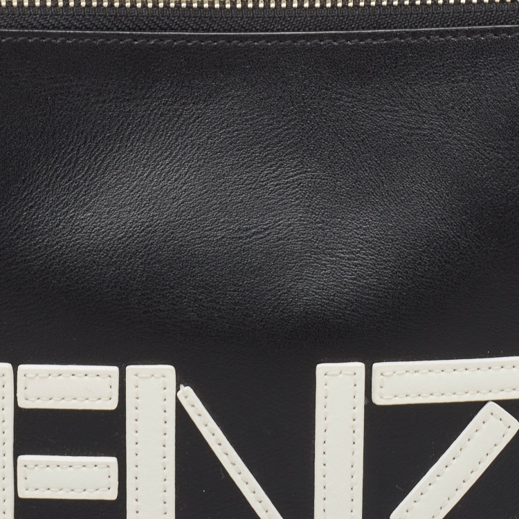 Pre Owned Kenzo Black Leather Logo Zipped Pouch