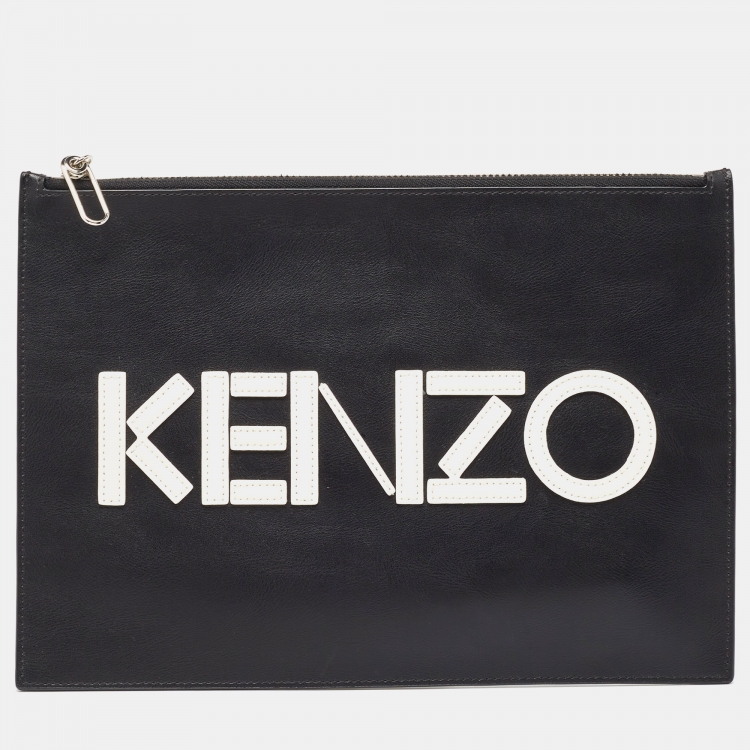 Pre Owned Kenzo Black Leather Logo Zipped Pouch