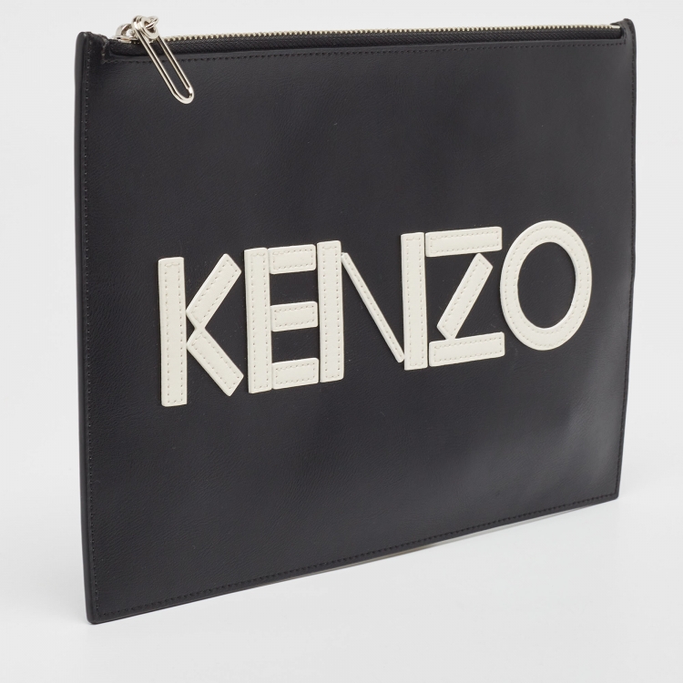 Pre Owned Kenzo Black Leather Logo Zipped Pouch