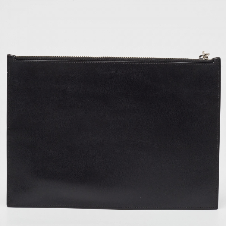 Pre Owned Kenzo Black Leather Logo Zipped Pouch