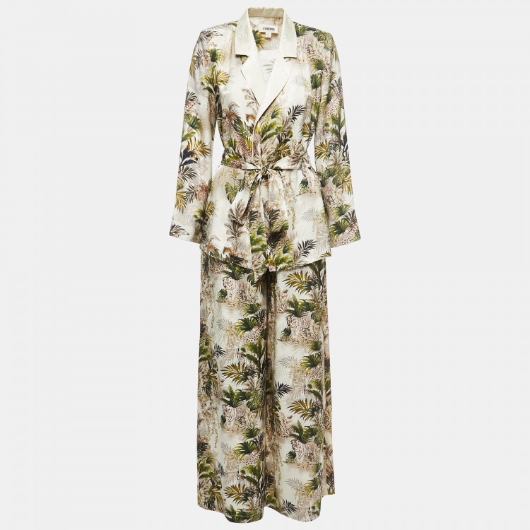 Pre Owned L'agence Beige 7 Green Safari Printed Wrap Top and Pants Set S