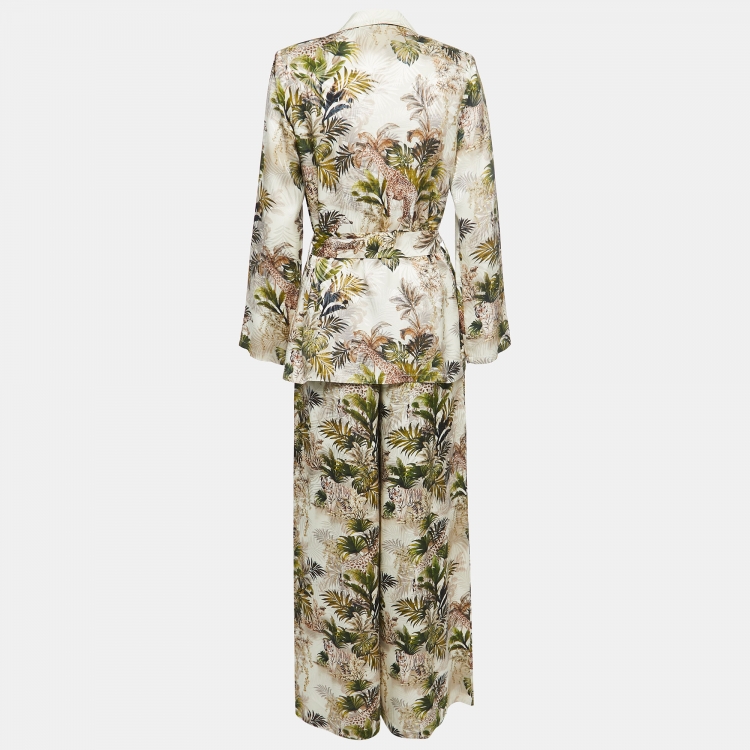 Pre Owned L'agence Beige 7 Green Safari Printed Wrap Top and Pants Set S