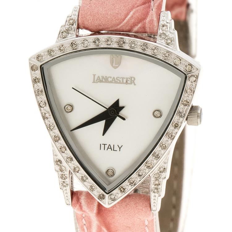 Pre Owned Lancaster White Mother of Pearl stainless Steel Diamond Accented Women's Wristwatch 26 mm