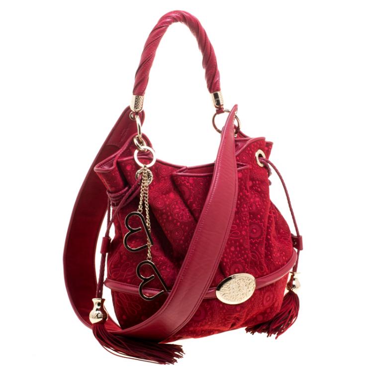 Pre Owned Lancel Red Alcantara Embroidered Le Brigitte Bardot Bucket Bag