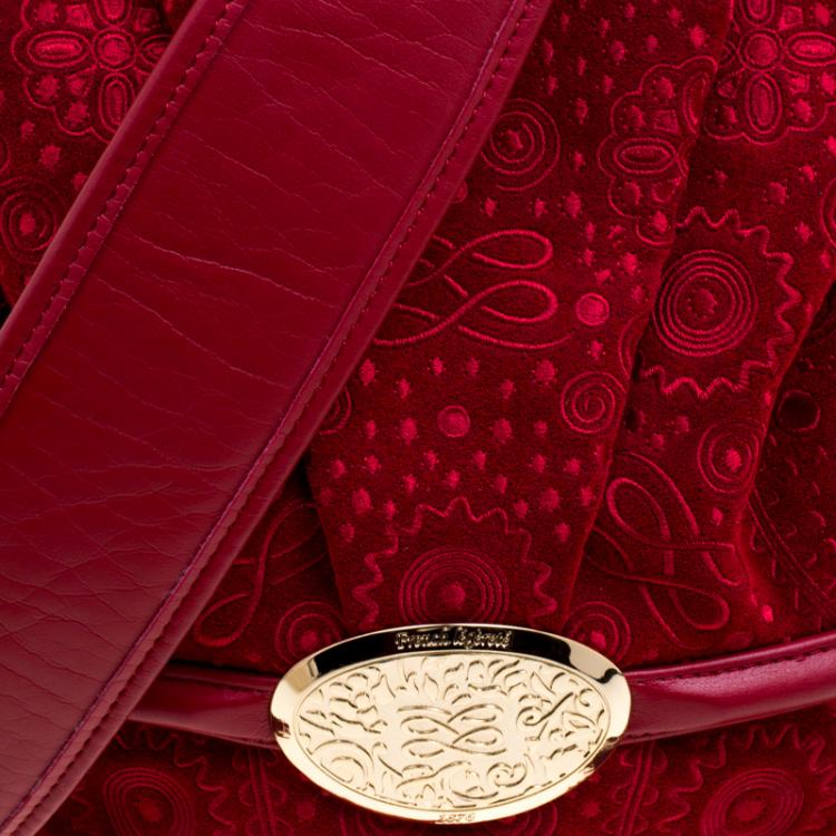 Pre Owned Lancel Red Alcantara Embroidered Le Brigitte Bardot Bucket Bag