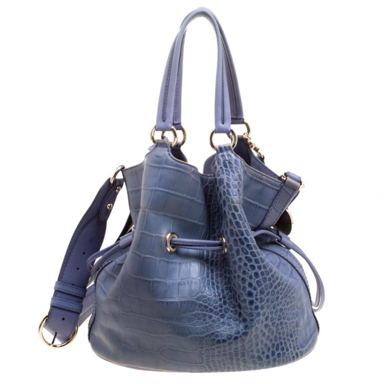 Pre Owned Lancel Blue Croc Embossed Leather Premier Flirt Bucket Bag