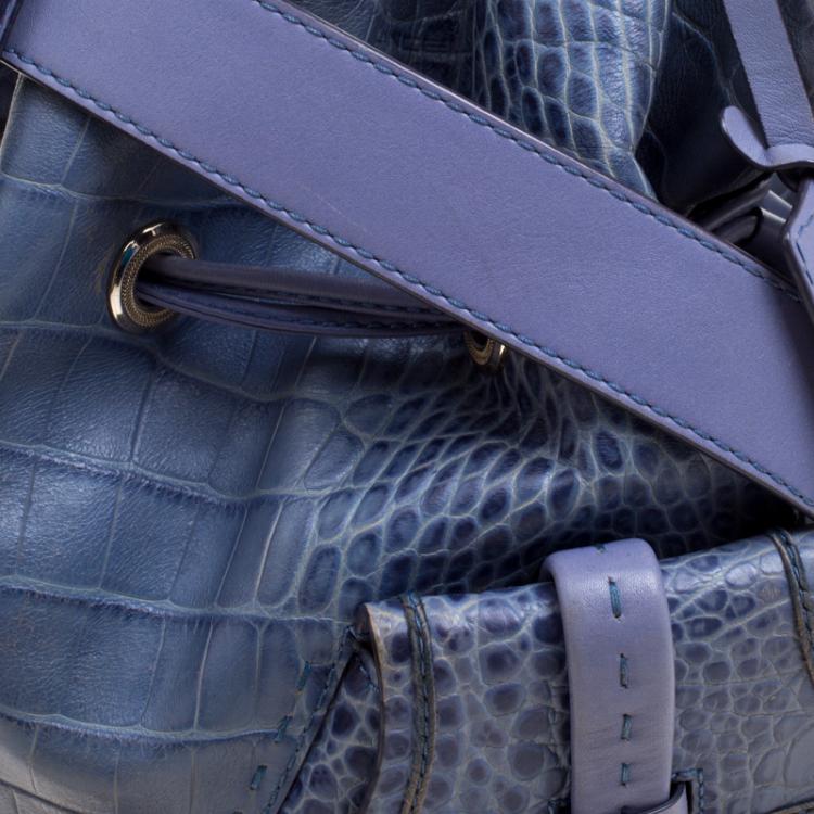 Pre Owned Lancel Blue Croc Embossed Leather Premier Flirt Bucket Bag