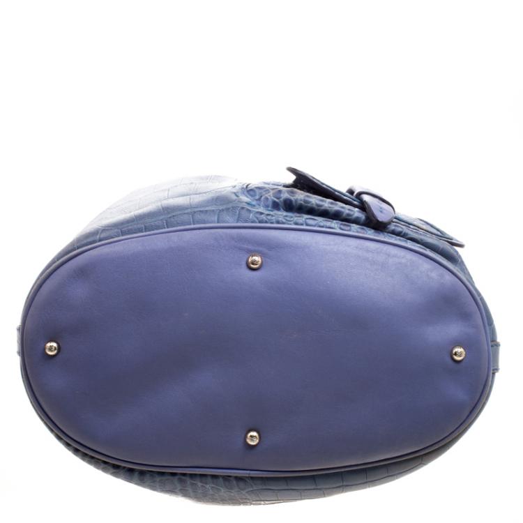 Pre Owned Lancel Blue Croc Embossed Leather Premier Flirt Bucket Bag