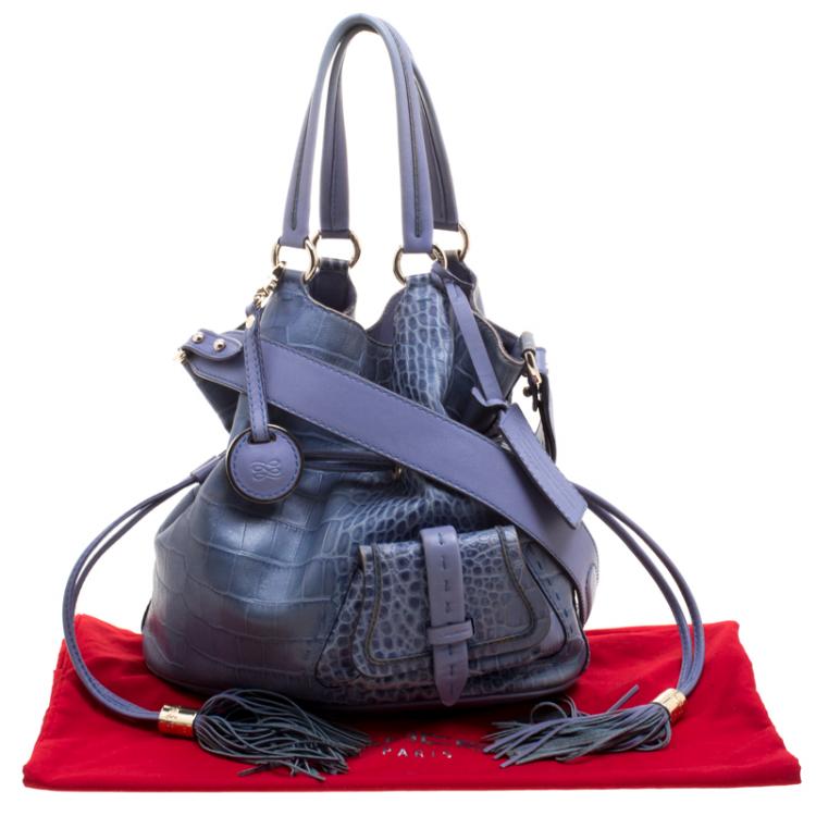 Pre Owned Lancel Blue Croc Embossed Leather Premier Flirt Bucket Bag