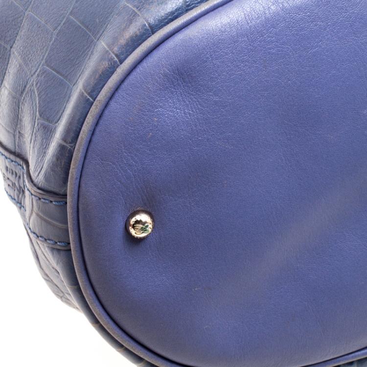 Pre Owned Lancel Blue Croc Embossed Leather Premier Flirt Bucket Bag