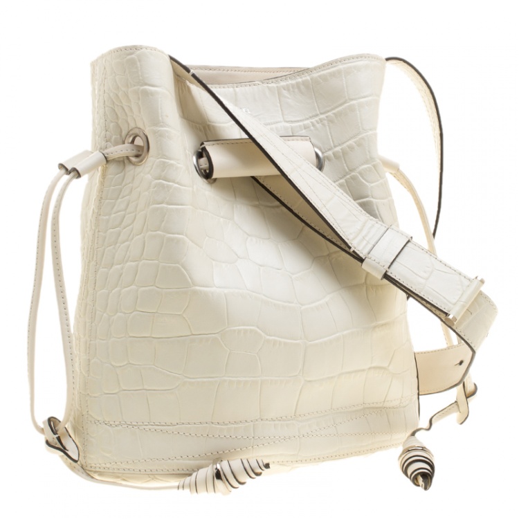 Pre Owned Lancel Off White Croc Embossed Leather Drawstring Bucket Bag