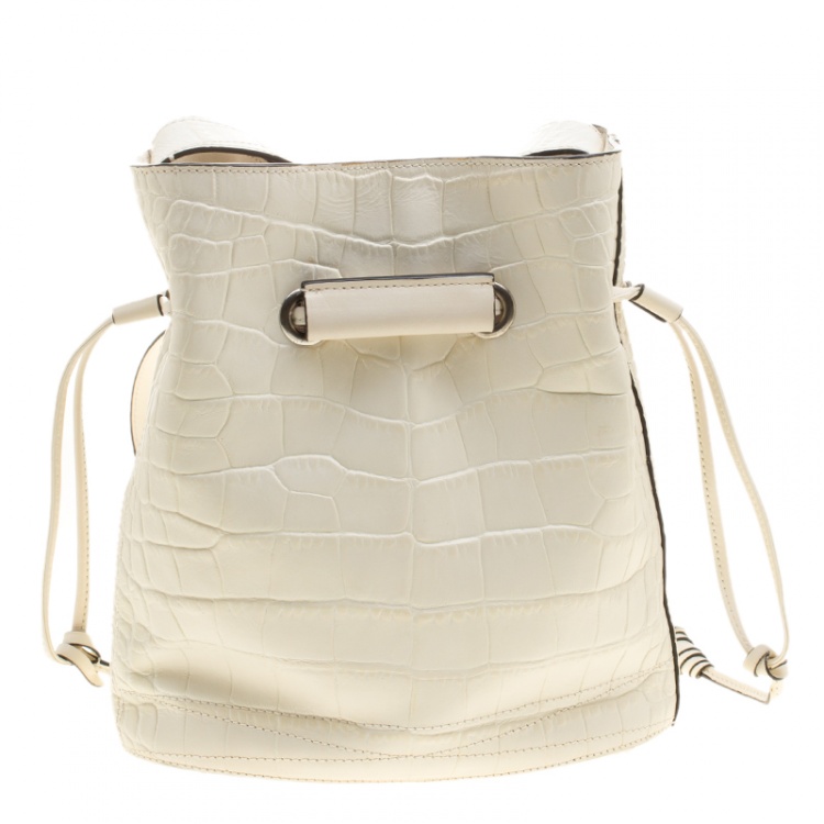 Pre Owned Lancel Off White Croc Embossed Leather Drawstring Bucket Bag