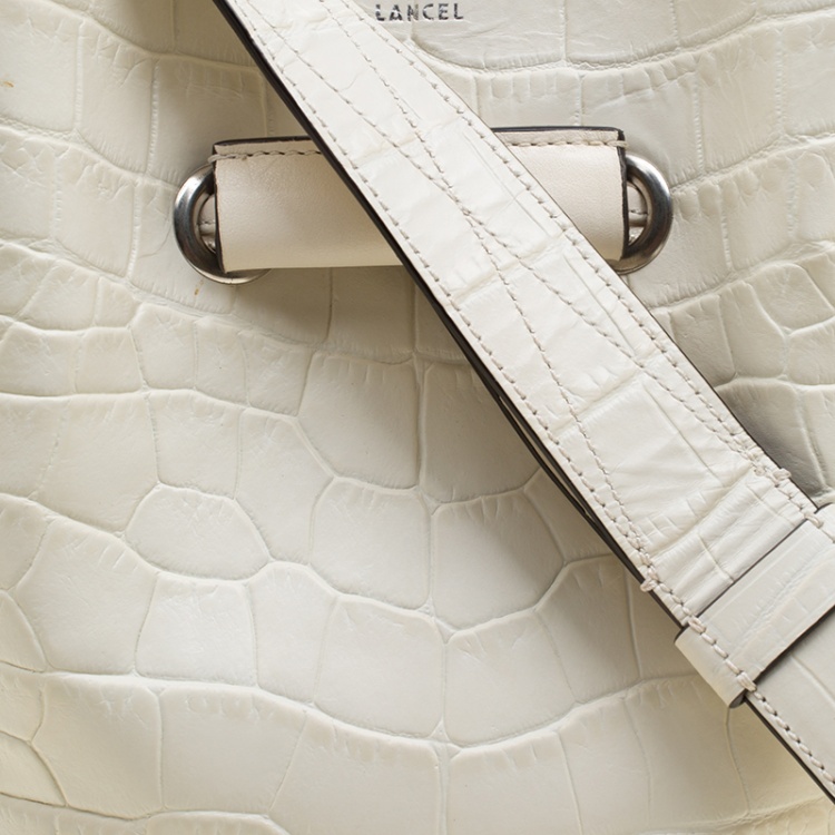 Pre Owned Lancel Off White Croc Embossed Leather Drawstring Bucket Bag