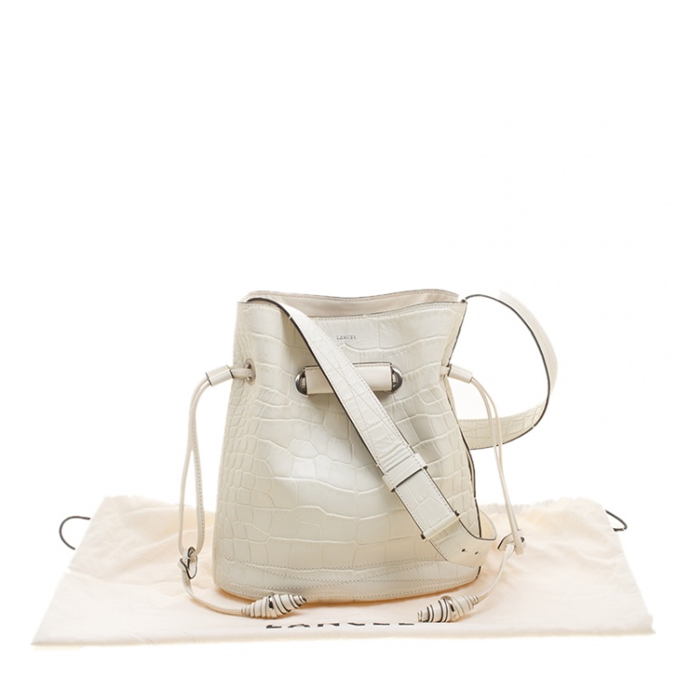 Pre Owned Lancel Off White Croc Embossed Leather Drawstring Bucket Bag