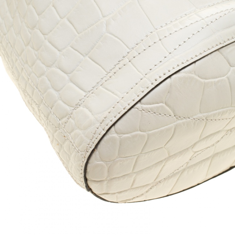Pre Owned Lancel Off White Croc Embossed Leather Drawstring Bucket Bag