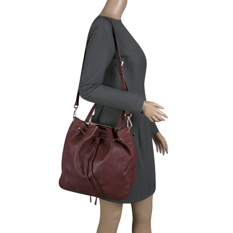 Pre Owned Lancel Burgundy Leather Drawstring Bucket Tote
