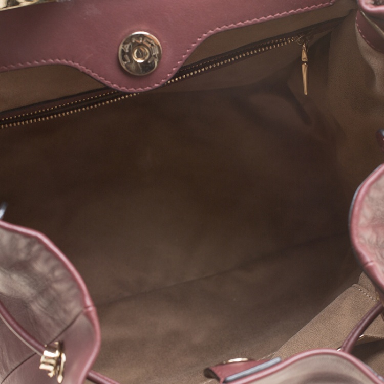 Pre Owned Lancel Burgundy Leather Drawstring Bucket Tote